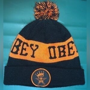 🧧OBEY Crowned Pom Beanie Hat orange & black